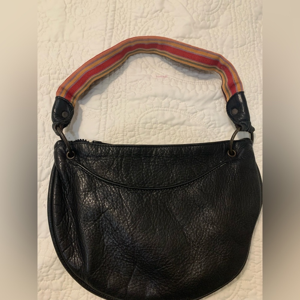 Bolsa ( Bolso) PreOwned Small Black Leather Handbag with fabric Handle Strap